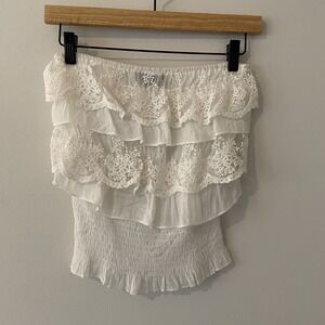 VTG BodyC Tiered Lace Tube Top Sz S? Smocked Ruffles Y2K Coquette Ethereal Fairy